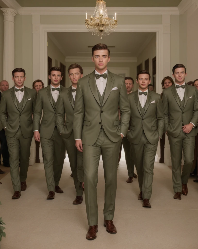 Group of rich and smart boys in olive green tuxedos for a wedding , ultra realistic , portrait , with beautiful girls around 