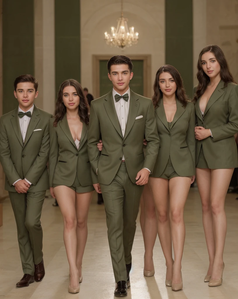 Group of rich and smart boys in olive green tuxedos for a wedding , ultra realistic , portrait , with beautiful girls around 