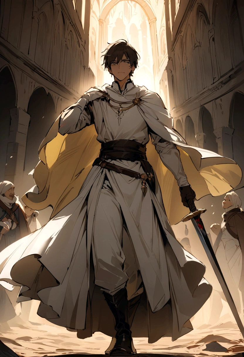 ({masterpiece}},{best quality,},Game Cover,Broad vision,middle Ages,A young man stood on the plain and looked into the distance,Carrying a sword,({masterpiece}},{best quality}