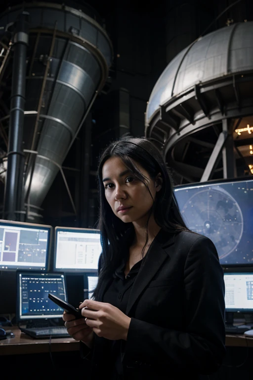 Technician in suit of black-haired young woman with serious expression., in the background is a large scientific observatory with many large screens and staff