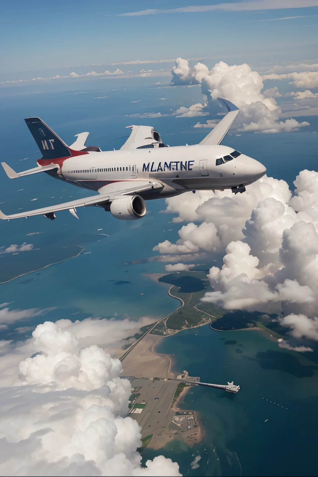 Airplane in a right position, with the correct sign, everything made of clouds
