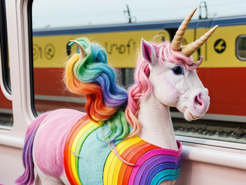 a cartoon rainbow hair unicorn with a (broken horn with cracks:1.3) that's happy. it's riding a train that doesn't have smoke, it has horns coming out of it.