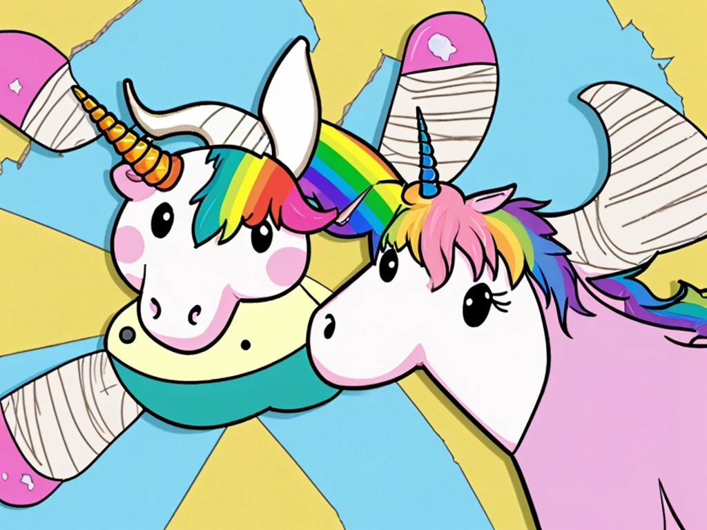 a cartoon rainbow hair unicorn with a (broken horn with cracks:1.3) that's happy. it's riding a train that doesn't have smoke, it has horns coming out of it.