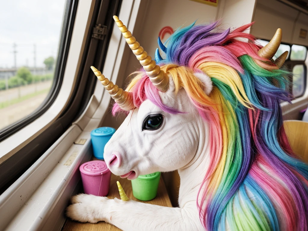 a cartoon rainbow hair unicorn with a (broken horn with cracks:1.3) that's happy. it's riding a train that doesn't have smoke, it has horns coming out of it.