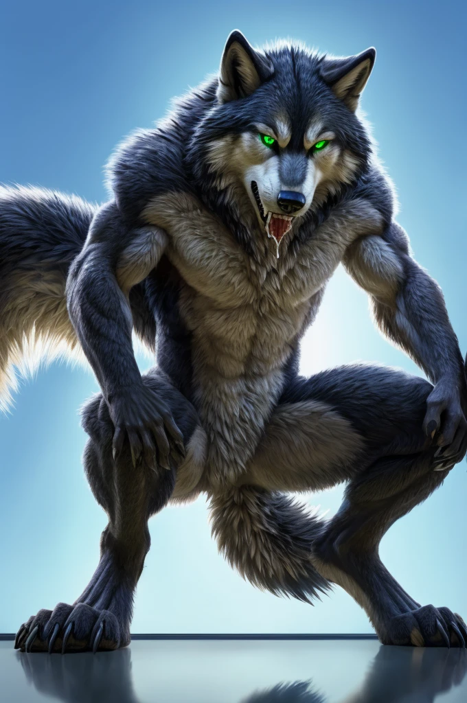 Perspective from below wolf naked male furry legs apart looking down blue background squat pose green eyes serious look claws on knees fluffy tail scars growling salivating