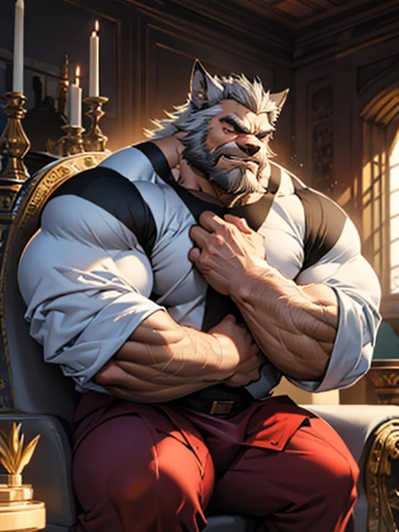 burly virile hairy man, with two wolf ears and a bushy tail, in a suit of armor, middle-aged, hirsute, overmuscular and musclebound, bulging veiny muscles, a warrior's build, a bodybuilder's physique, long bushy and a thick mustache, a square jaw, handsome and dreamy, grey hair, a king on his throne, in regal clothing