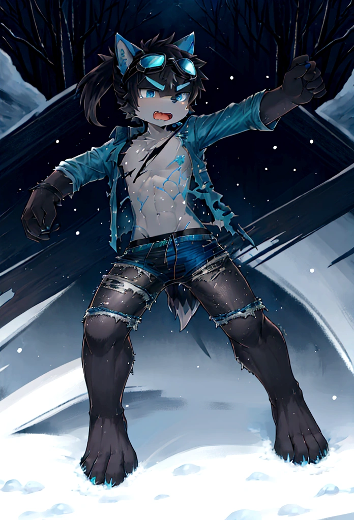 Furry shota, Young, wolf, black hair, long spiky ponytail, blue eyes, detailed body fur, ((torn clothes, blue hawaiian shirt, open clothes, black swim trunks, goggles)), masterpiece, looking at you, fangs, clear grey body fur, detailed face, big eyebrows, detailed eyes, detailed body, detailed body fur, detailed hands, flat body, glistering body, shiny body, skinny, angry expresion, open mouth, looking at you, glow throughout the scene, snow forest, snow rain, injured, ice particles, fight act, action pose, (ice slash effect, ice powers, ice fists, punch), full body, feets whit three toes, solo,
