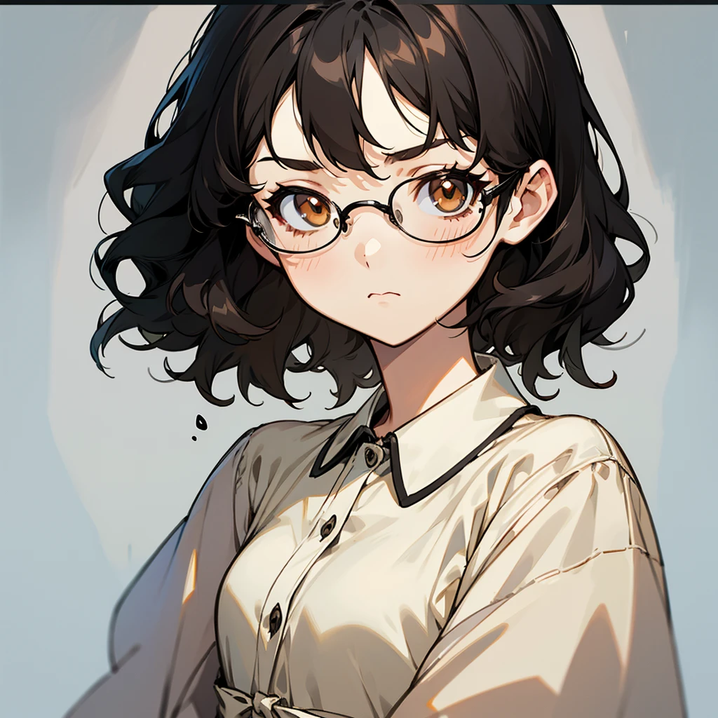 cute girl, cute face, short, short hair, black hair , wavy hair, brown eyes, a very pretty face with fine features, eyes with dark circles, small breasts, thin and wears glasses, wears a pajama, dark style,, calm and indifferent expression.