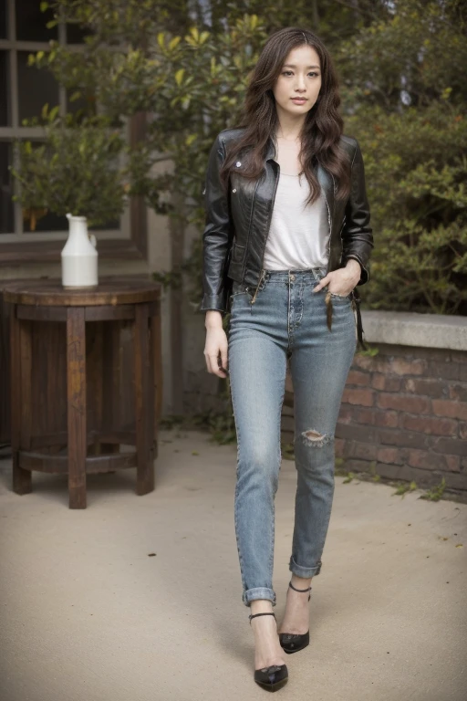 Original Photography, the best_quality, 1 Girl, Solitary, (Delicate face),(Delicate eyes),Rock style fashion,Steampunk leather jacket,jeans,Stylish and modern, Very long curls,Long legs,High heel