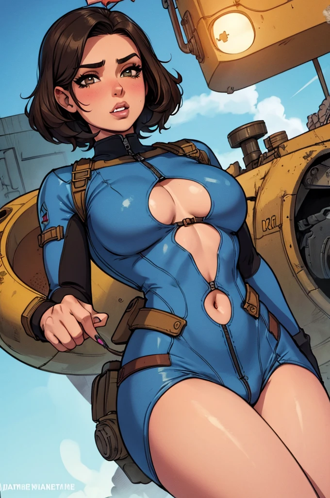 Hot vault dweller, brunette, latina, thick ass, small waist, big , full lips, long white nails, bunny teeth, piggy nose, Tight, Fallout Vault Jumpsuit, erotic pose