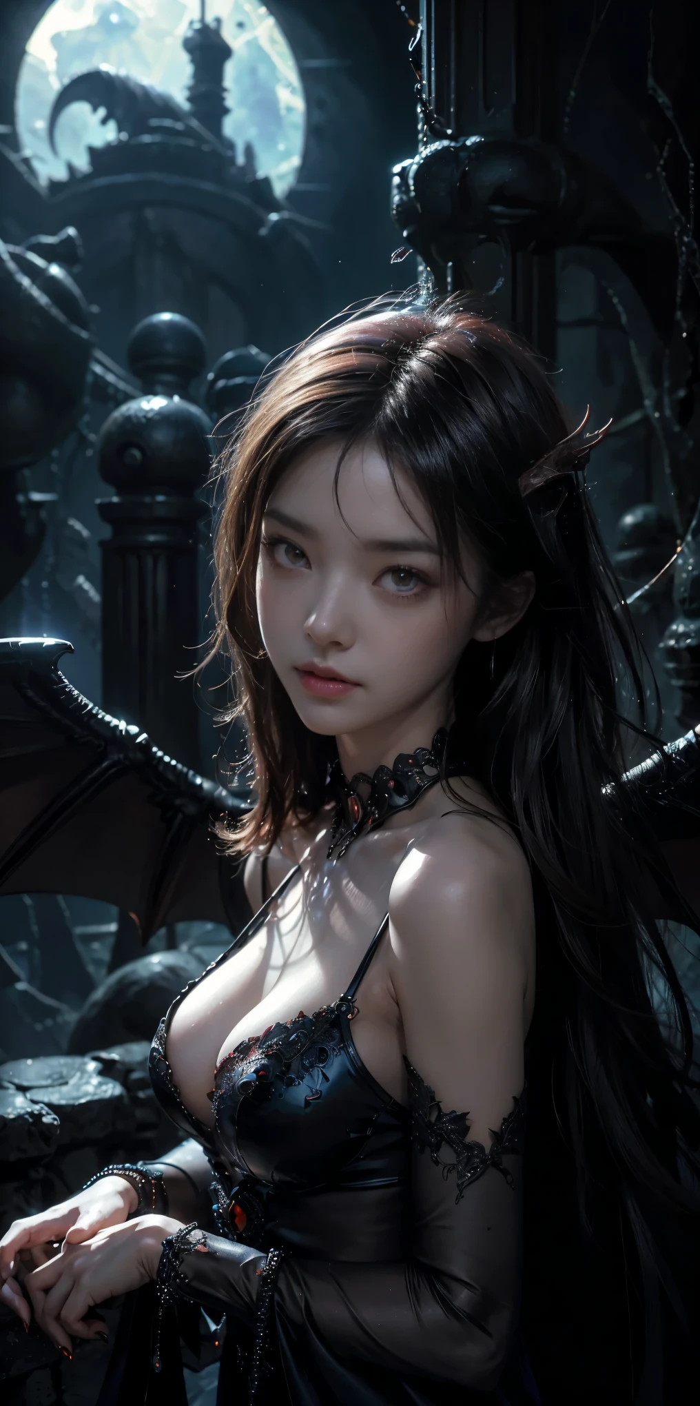 (best illustrations)、realistically、very detailed、best lighting、best shadow、Succubusที่มีเสน่ห์, pure beauty, set on clouds, (Fantasy Illustration:1.3), mesmerizing gaze, cute expression, delicate wings;, another world charm, Mysterious Sky, (Luis Royo:1.2), (Yoshitaka Amano:1.1), dungeon and Dragon、cave、dungeon、 Necromancer、nighttime、Dark style、Succubus、Devil&#39;s Daughter、Bat Wings，(((Round rimmed glasses with daemon horn lacquer.))))、(glowing red eyes:1.6)、beautiful face、Tyndall Effect、(Highly detailed skins:1.2) nonsense、twisted ponytail、decorations、beautiful expression、Tight waist、wide bottom、Tyndall Effectmasuter piece、Highest quality、highest standard、Highest picture quality、table top、complicated details、high resolution、Insight field、Soft, natural light、professional lighting、good smile、(Highly detailed skin: 1.2)、Realistic rendered anime girl、Strong highlights of the eyes、perfect anatomy、open crotch、shy、spread your legs、The panties are visible.、flip skirt、The body is shiny with oil rectile nipples.))、8k resolution、complicated clothes、complicated details, Sexy girl on white bed，charming eyes，heartwarming action，open legs，Transparent silk pajamas ，naked，Thick long hair，Highly detailed body，Highly detailed face,nude,show tits