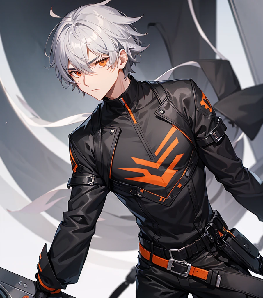 Male character with gray hair and orange eyes and black clothes 