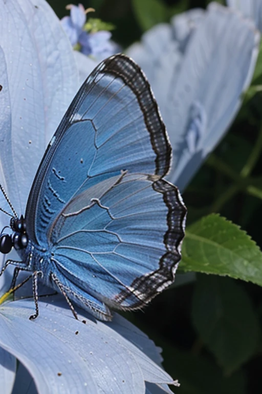 closeup of a very detailed blue butterfly, in profile on a flower.