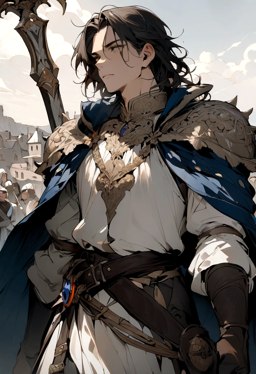 ({masterpiece}},{best quality,},Game Cover,Thick coating,Broad vision,middle Ages,A young man stood on the plain and looked into the distance,Carrying a sword,({masterpiece}},{best quality}