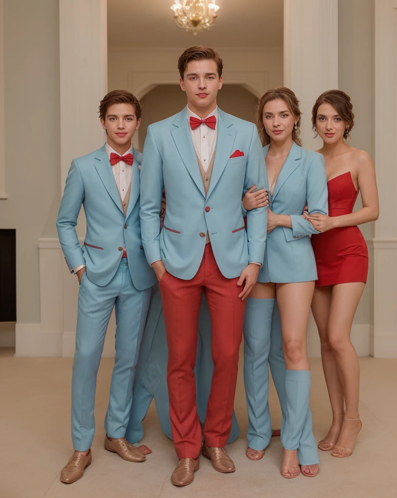 Group of rich and smart boys in pastel blue tuxedos for a wedding , ultra realistic , portrait , with beautiful girls around in red gowns 