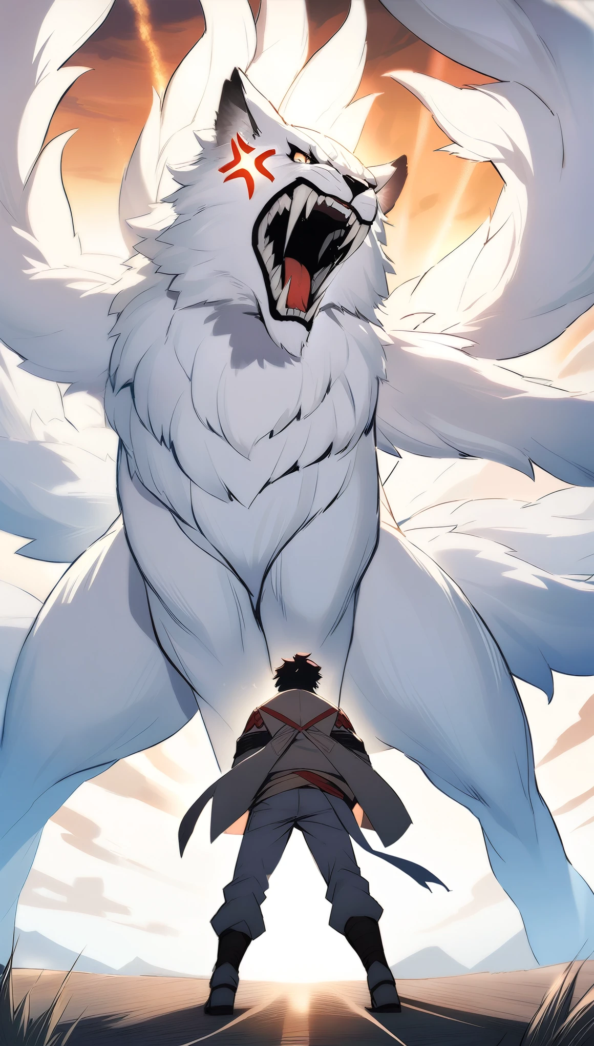 Gigant Nine-tailed white, (angry, roaring),(((animal)))