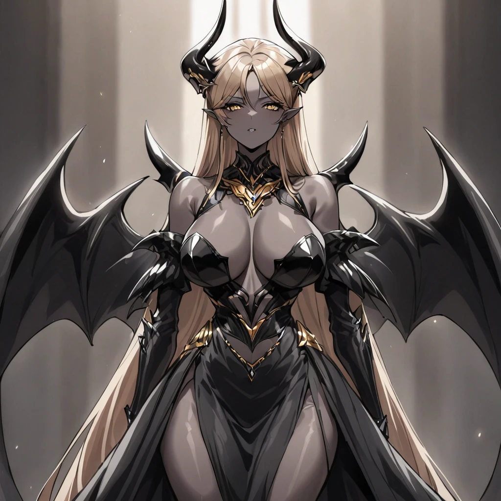 ((Highest quality)), ((masterpiece)), (detailed), （Perfect Face）、The woman is a sexy devil with jet black skin、The woman is a jet-black female demon with magnificent devil horns, jet-black devil wings, and a jet-black tail. Her skin is jet-black, and she is wearing a luxurious and elegant decorated voluminous black dress befitting a great demon queen. She is the jet-black demon Princess Leona, with medium-long light brown hair, and is a demon in both body and mind.、The woman is the wife of a dignified and powerful demon king, her beloved husband.