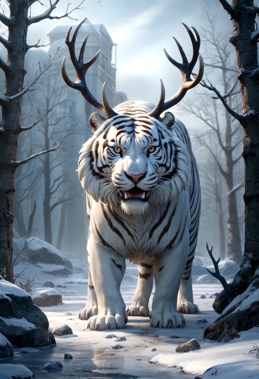 a majestic white saber-toothed tiger with deer antlers on its head, standing in a snowy winter scene in Siberia or Antarctica, surrounded by snow and ice, highly detailed, hyper realistic, 8k, masterpiece, cinematic lighting, photorealistic, dramatic, stunning, intricate details