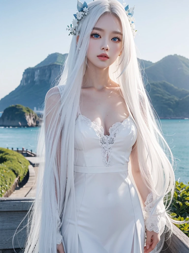Long white hair, blue eyes, white skin , jeju island Korea