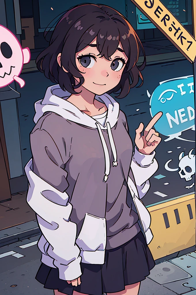 (best quality:0.8) perfect anime illustration, a pretty, happy cute skull with short curly brown hair on the street in the city, wearing a hoodie, skirt