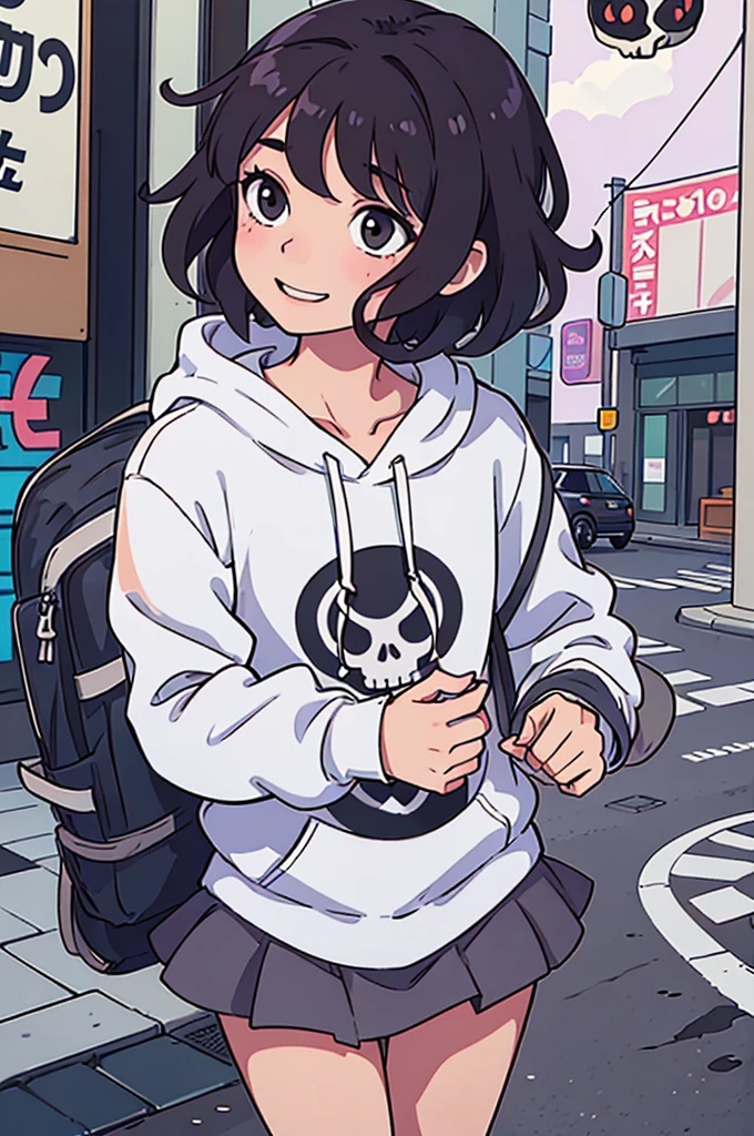 (best quality:0.8) perfect anime illustration, a pretty, happy cute skull with short curly brown hair on the street in the city, wearing a hoodie, skirt
