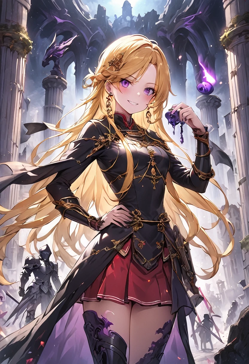 dark persona, ecstasy, looking at viewer, armor, hand on own hip, happy, blush, evil grin, black leg armor, knight, long hair, octagonal yin yang mirror, purple eyes, audience, pillars of purple fire, 1 woman, black cape, runes, black dress, Ruined city, gold decoration, gripping sword in hand, at midnight, gold hair, earring, chains, yin yang, red skirt, beautiful art, depth of field, high res, perfect face, detailed outfit