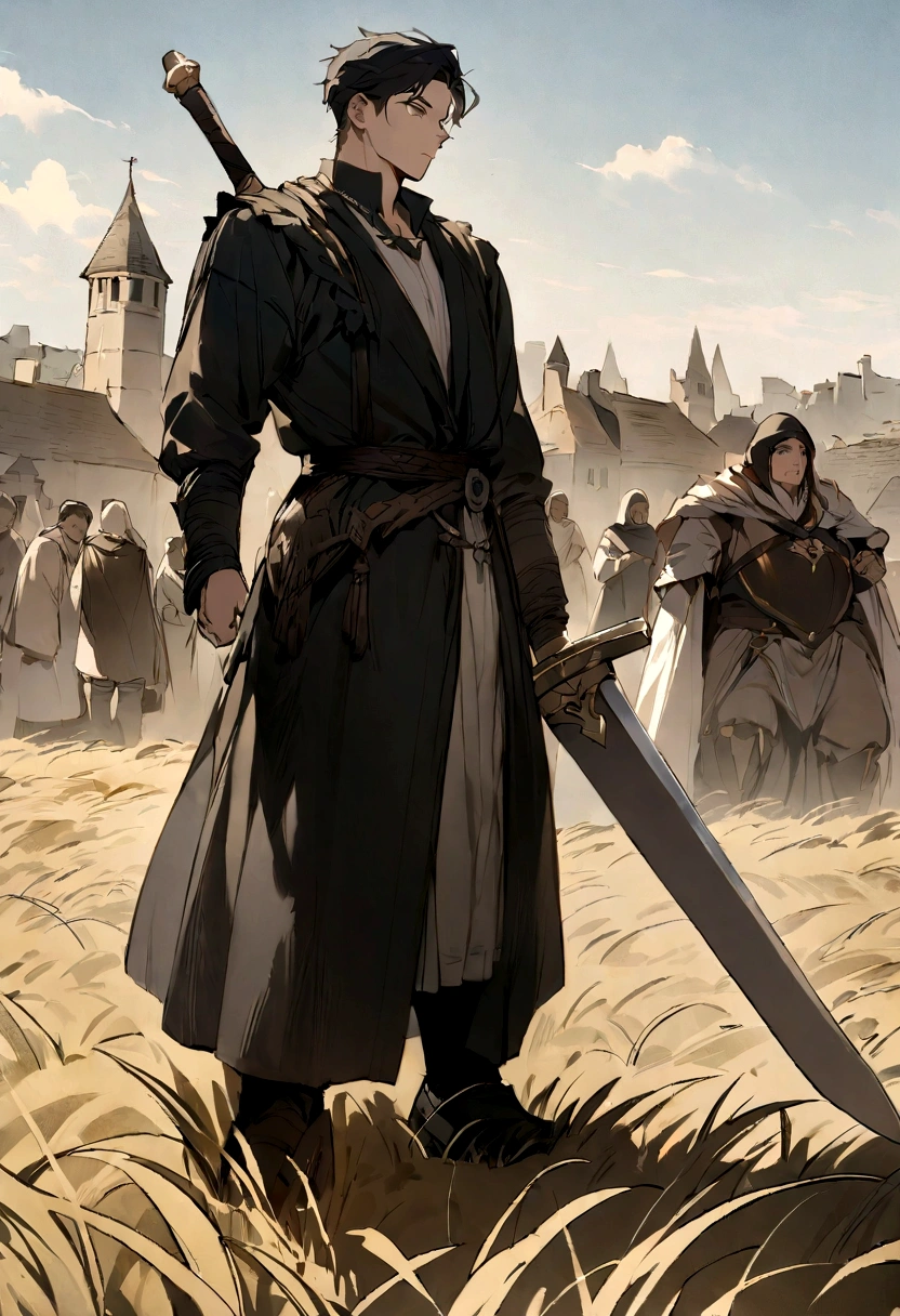 ({masterpiece}},{best quality,},Game Cover,Thick coating,Broad vision,middle Ages,A young man stood on the plain and looked into the distance,Carrying a sword,({masterpiece}},{best quality}