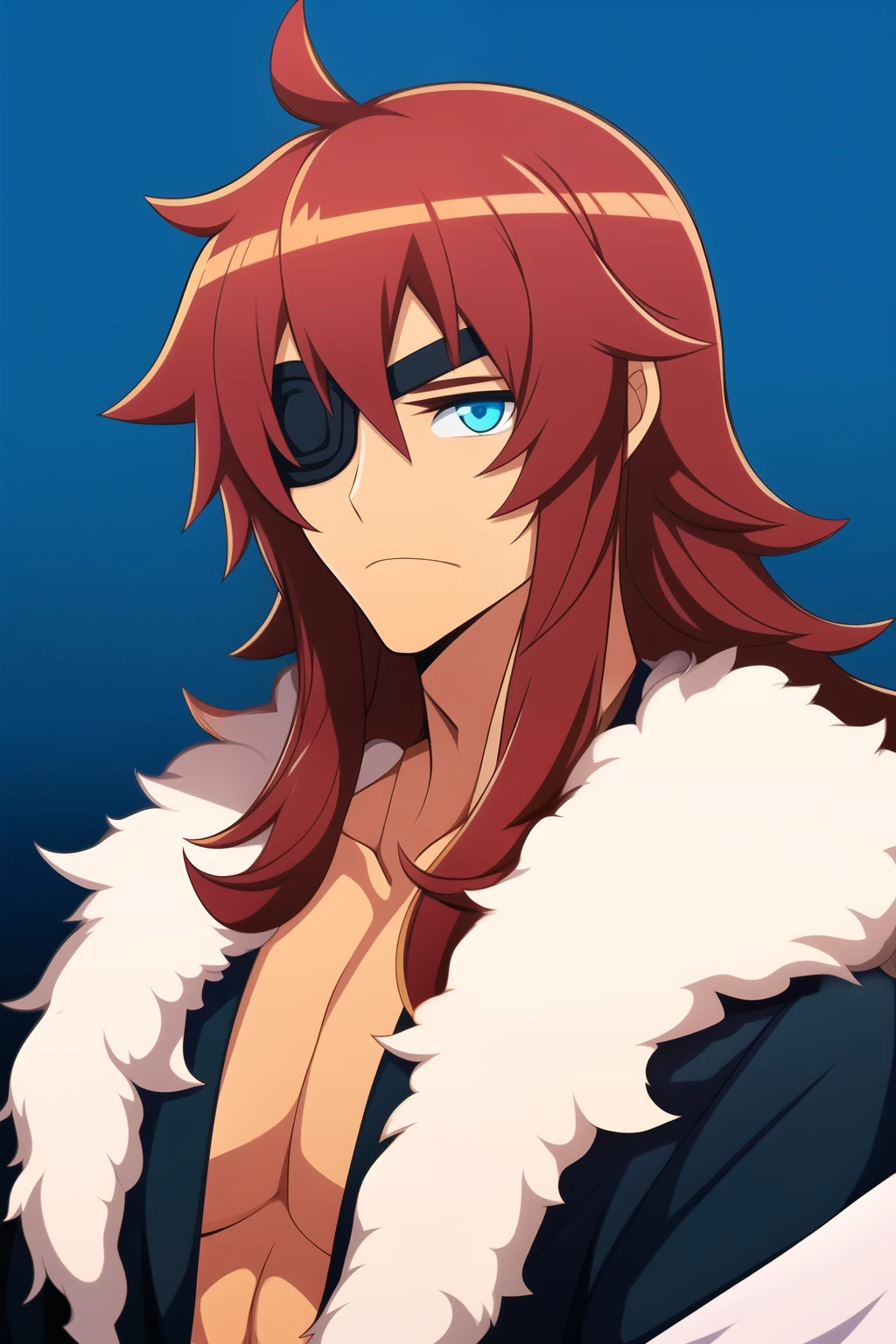 long hair, messy hair, thick hair, shaggy hair, red hair, bright blue eyes, electric blue eyes, tan skin, ainu, robes, male, muscular, tall, pretty, eyepatch, no hood, shirt, no ears, very long hair, thick eyebrows, bored, mane of hair, mature