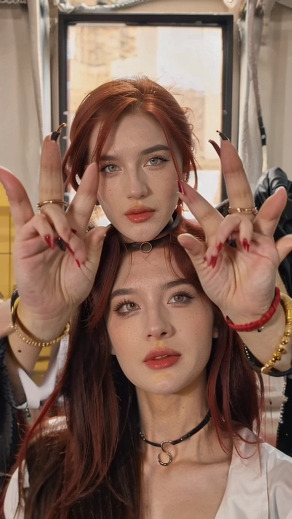 (best quality:1.4),,(red hair:1.3),(slicked back hair:1.3),full lips, makeup, BREAK,( yellow eyes:1.4), choker, hoop rings, completely Natural and Completely ?????-Model big breasts,bracelets,(long fingernails:1.4), , standing in front of desk,