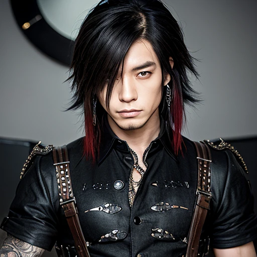 1 japanese male rocker, asien eyes, Visual Kai hairstyle, ultra detailed face and body, hyperrealistic, realistic representation, muscular, broad shoulders, tattoos gothic style, piercings, Visual Kei style, hairstyle Visual Kei, blond, 40 years old, age 40 outfit gothic streampunk, men's shirt and black pants, Asian eyes, eyes Asian, long hair, long hair