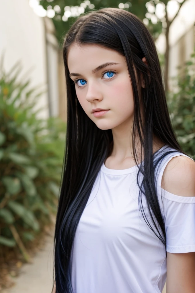 Straight view, mugshots, living doll face, naughty smile, angelic face, big striking blue eyes, pretty and cute 16 year old girl, pale white skin, rosy cheeks, shiny long black hair, dead sea Israel