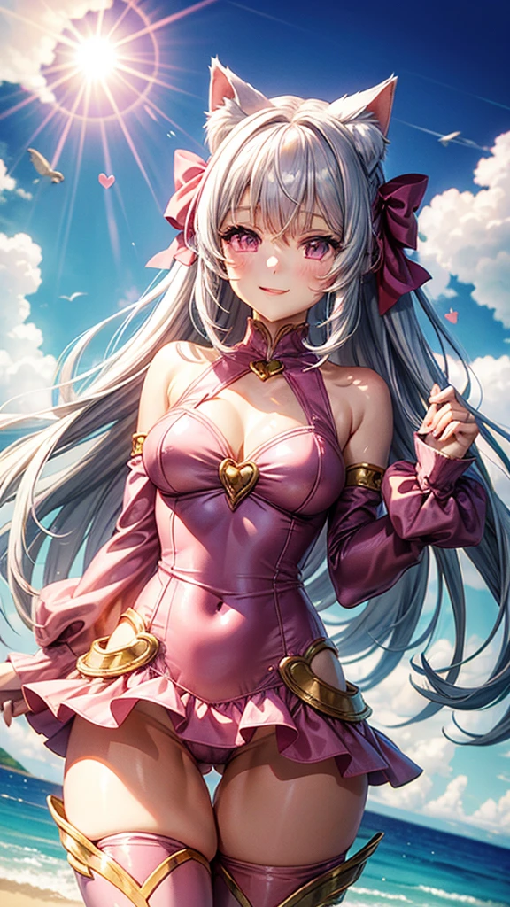 Silver hair, pink eyes, woman, sun and cloud background, pink red gold clothes, hair bows, happy face, mermaid outfit, sexy, cat ears, hearts, floating hearts, thigh up, thigh high tights