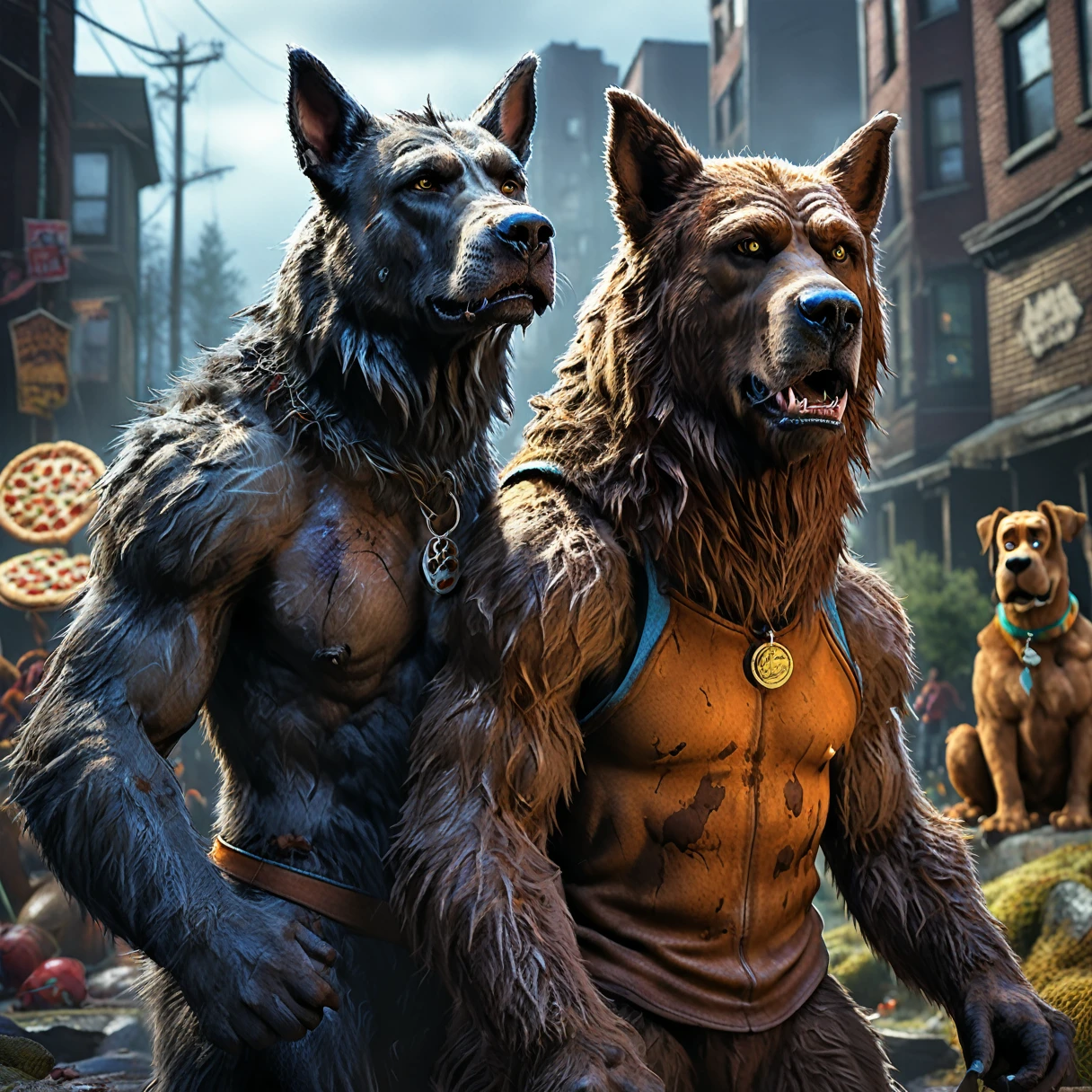 2 characters. cartoon realistic art-style, | with a Shaggy’s_FACE “In the body From Freddy” is a brown animatronic bear and the star attraction of the original Freddy Fazbear's Pizza) separately illustrated next to him sits (((great dane “Scooby-Doo”))). (Dark gray urban decay background), ((more detail, enhanced_art-style)). 32k