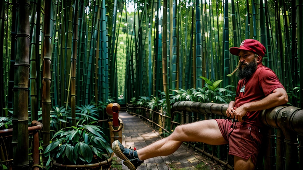 a man - has only one right leg - red hat - red shorts up to the knee - a pipe in his hand - speaks using vowels - in the background bamboo grove and forest