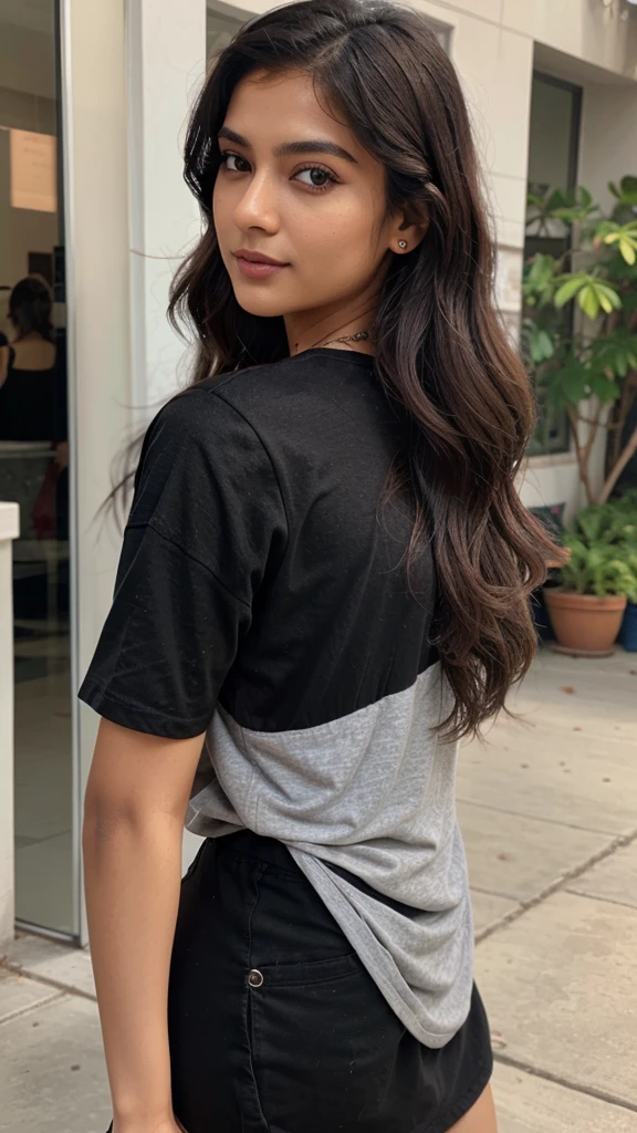 Pretty East Indian influencer late 20’s with wavy brown hair, grey eyes, professional makeup, wearing a black t-shirt