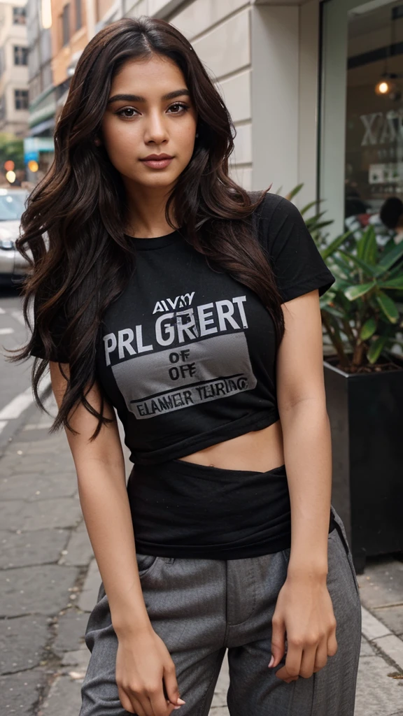 Pretty East Indian influencer late 20’s with wavy brown hair, grey eyes, professional makeup, wearing a black t-shirt