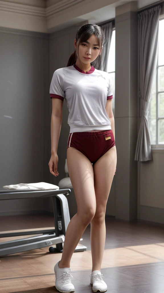 Chinese woman in gym uniform full body standing, best quality, masterpiece