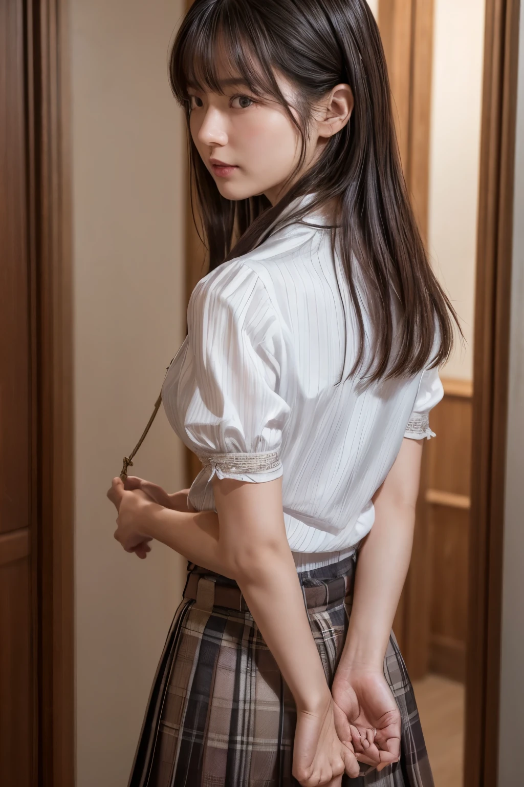 ((Best image quality、、masterpiece：1.3))、Realistic high-quality photos、Highest quality、Captive women、Tied up with rope、Standing in a room、(((両手は後ろでTied up with ropeている)))、(((Wearing a short-sleeved blouse、Wear a pleated skirt)))、Uniform eyeedium build、Well-balanced、Small face、Small breasts、Back view、Please show me your whole body、The audience watches from the back、Beautiful and graceful face and eyes、Black Hair、Shiny Hair、 OL、Wearing a short-sleeved blouse、Wear a long skirt、Full Body Shot.