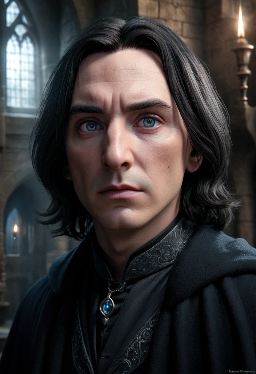 a young severus snape, detailed face, beautiful detailed eyes, beautiful detailed lips, extremely detailed eyes and face, long eyelashes, wizard robe, hogwarts castle, magical atmosphere, cinematic lighting, dramatic lighting, photorealistic, 8k, highres, best quality, masterpiece, fantasy art