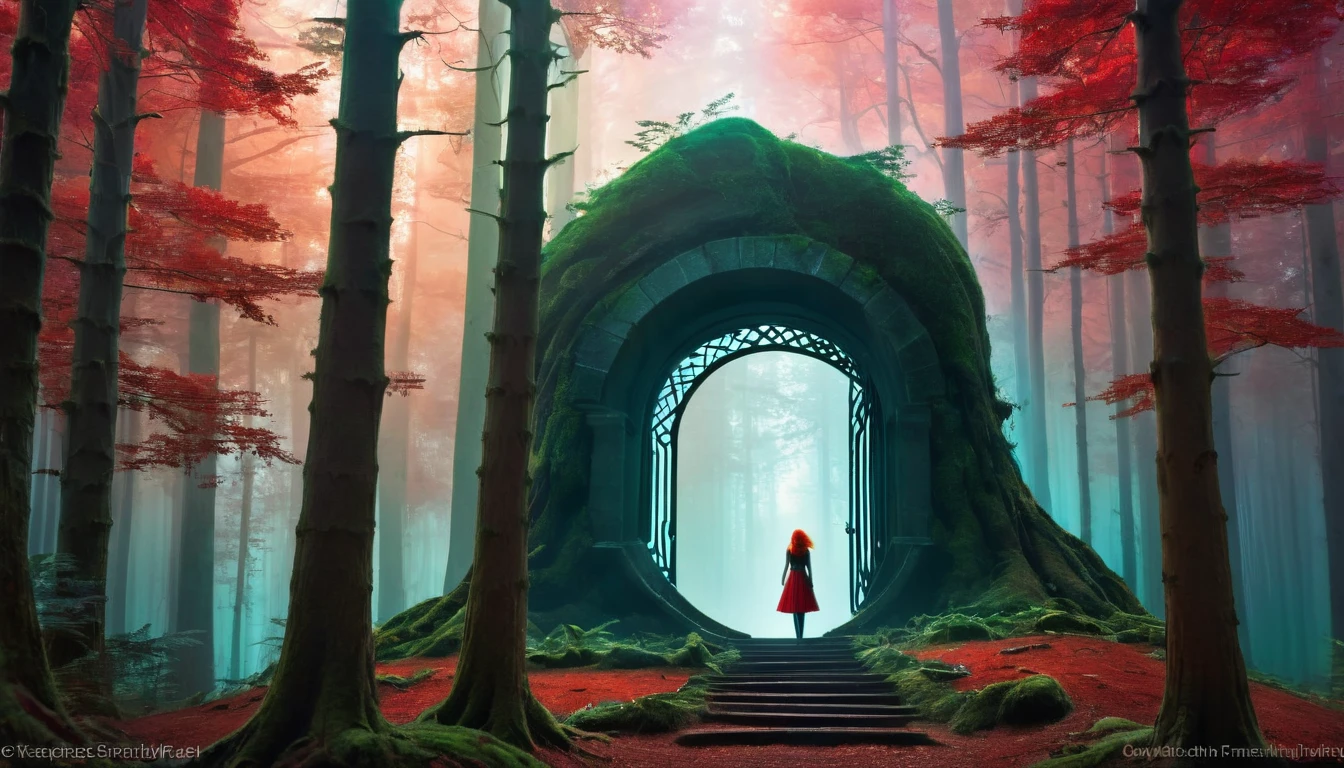 A masterpiece . The artwork captures the striking silhouette of a mysterious woman, red hair, composed of stairs that lead to a magical portal to another dimension, the universe is inside the portal. Mysterious forest forests, the artist's imaginative vision create an otherworldly atmosphere.