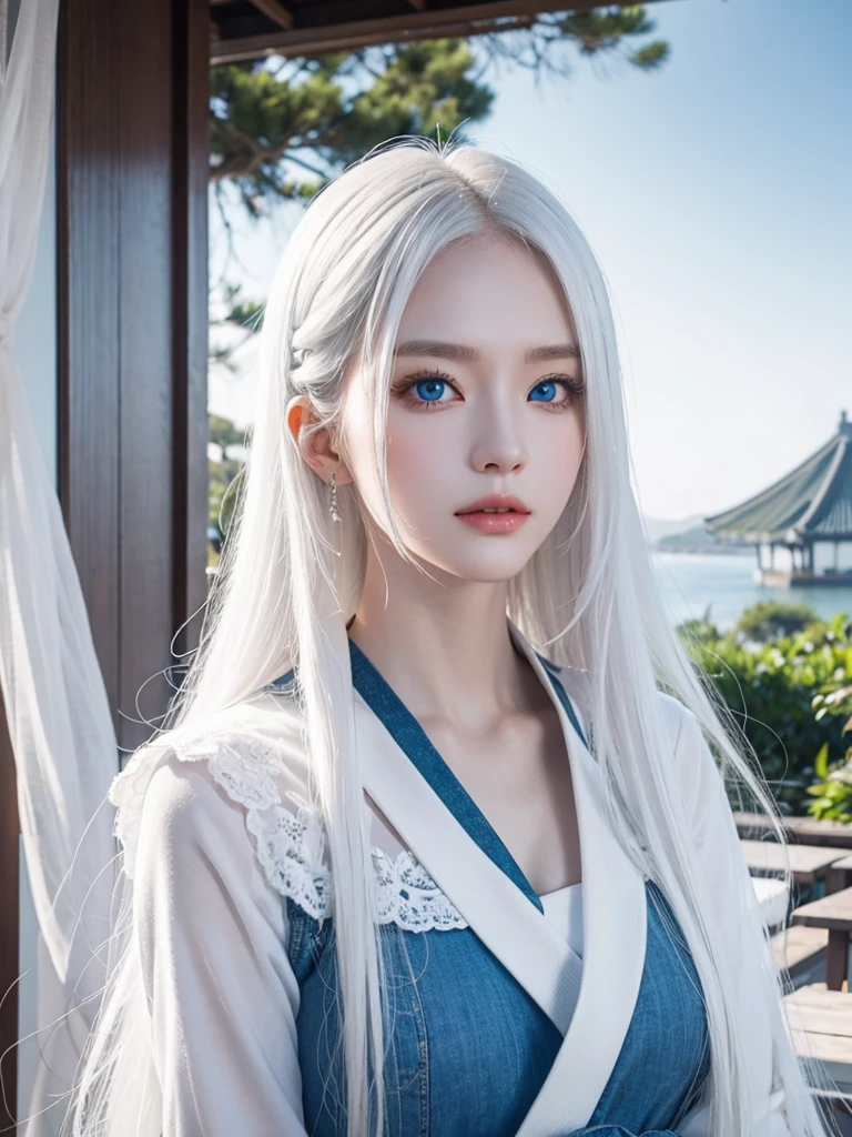 Long white hair, blue eyes, white skin , jeju island Korea