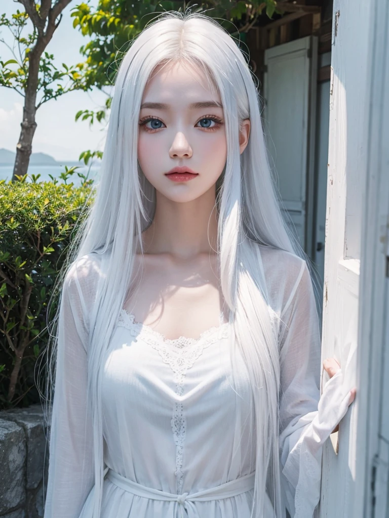 Long white hair, blue eyes, white skin , jeju island Korea 