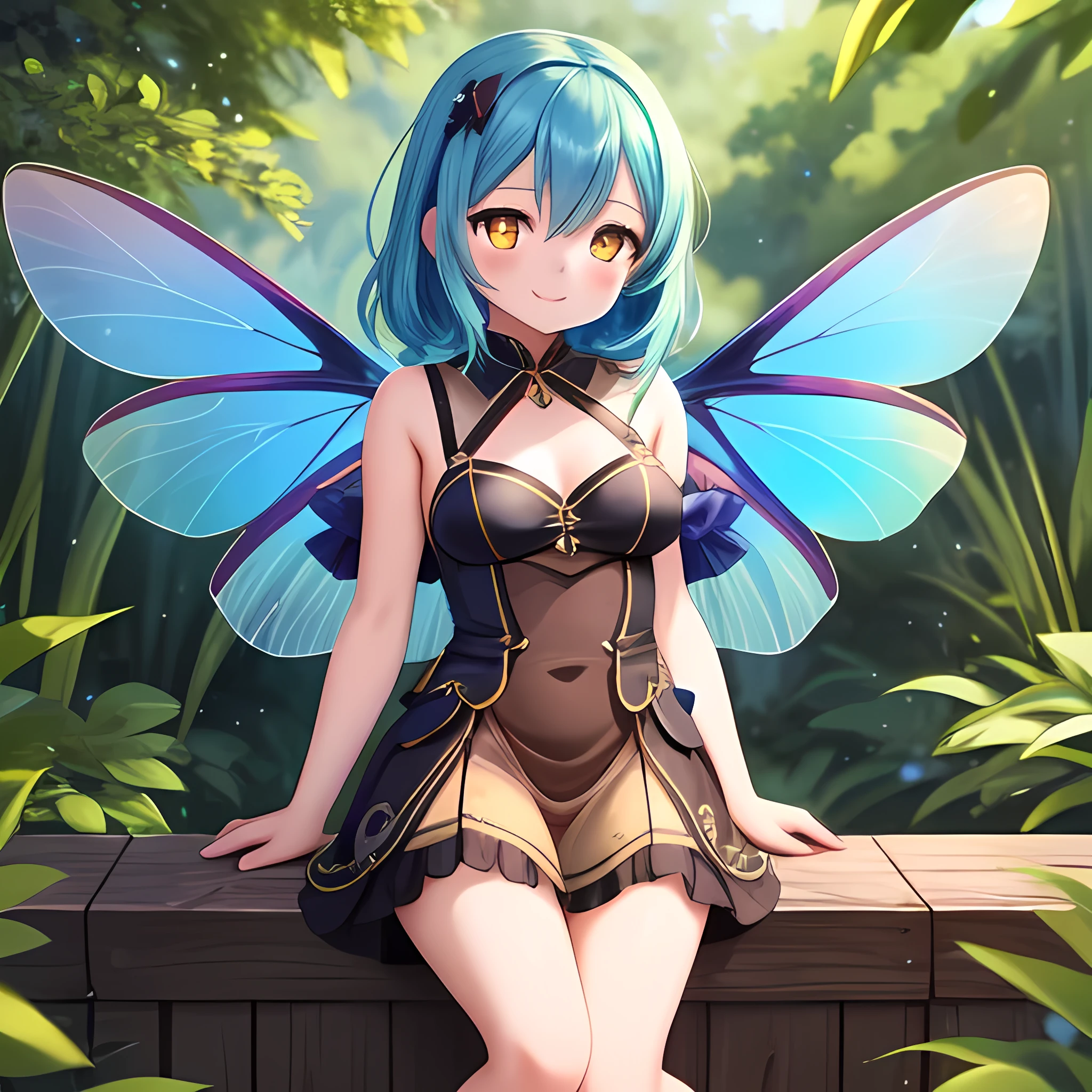 1girl, dragonfly girl, 6 wings, small, 30 years old, closed smile, big breasts, cute, kawaii, brown dress, cobalt wings, yellow eyes, dark blue hair, detailed face, high quality, masterpiece, photorealistic, digital art, ultra-detailed, vibrant colors, natural lighting, fullbody