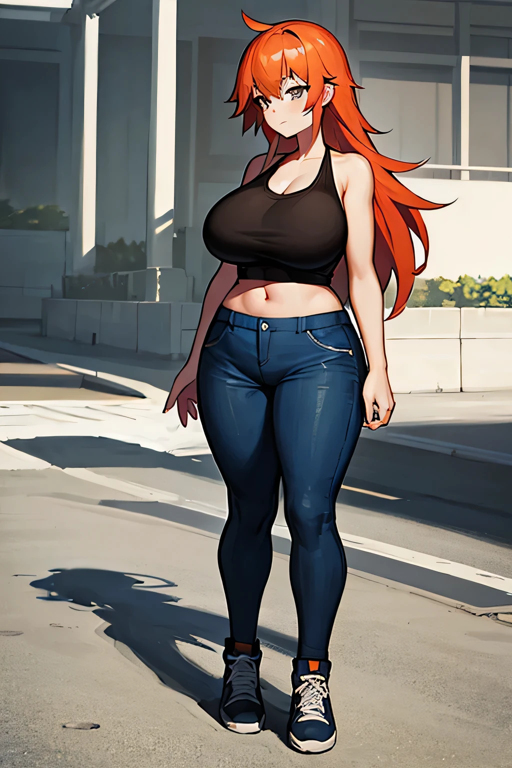 blue shortpants, long orange hair, black tank, girl, full body, park, big breasts, fat tight