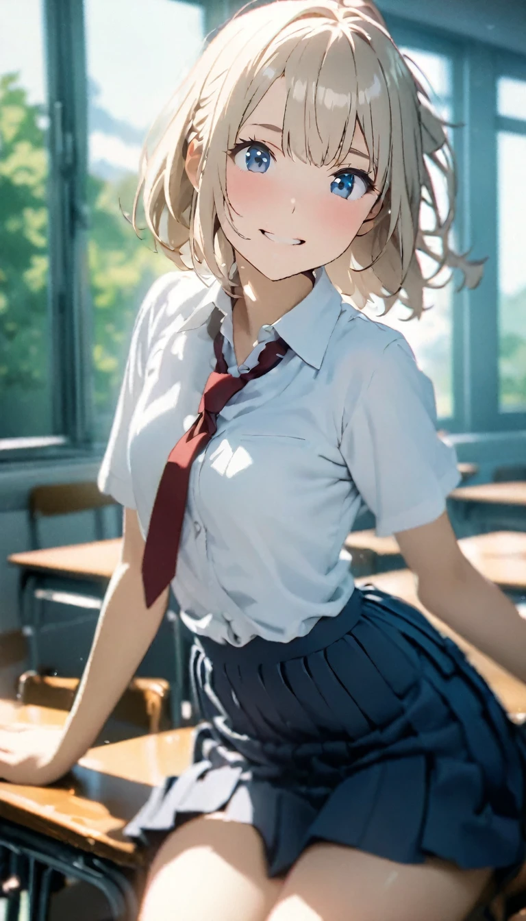 (Tabletop, Highest quality:1.2), 8K, 18-year-old, 85mm, Official Art, RAW Photos, Absurd, White dress shirt, Cute face, close, Upper Body, Viola Lace, Gardenia, beautiful girl, , (Navy Pleated Skirt:1.1), Squeeze the waist, Thighs, Short sleeve, classroom, ponytail、short hair、short hair、sit on bench seat, Looking at the audience, No makeup, (smile:0.4), Film Grain, chromatic aberration, Sharp focus, Face Light, Bright lighting, Teen, Detailed face, Background Blur, (Dark red tie:1.1)、日本の学校のclassroom、classroom