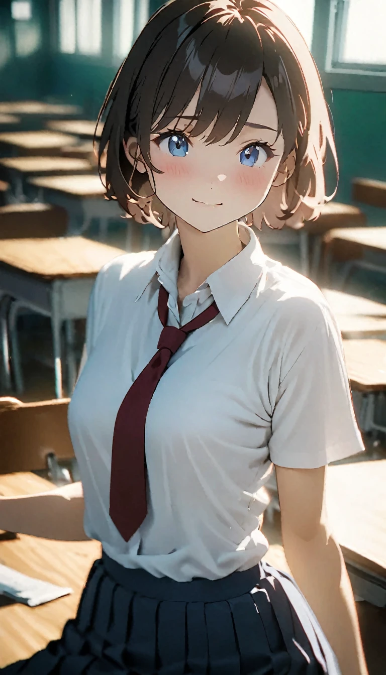 (Tabletop, Highest quality:1.2), 8K, 18-year-old, 85mm, Official Art, RAW Photos, Absurd, White dress shirt, Cute face, close, Upper Body, Viola Lace, Gardenia, beautiful girl, , (Navy Pleated Skirt:1.1), Squeeze the waist, Thighs, Short sleeve, classroom, ponytail、short hair、short hair、sit on bench seat, Looking at the audience, No makeup, (smile:0.4), Film Grain, chromatic aberration, Sharp focus, Face Light, Bright lighting, Teen, Detailed face, Background Blur, (Dark red tie:1.1)、日本の学校のclassroom、classroom