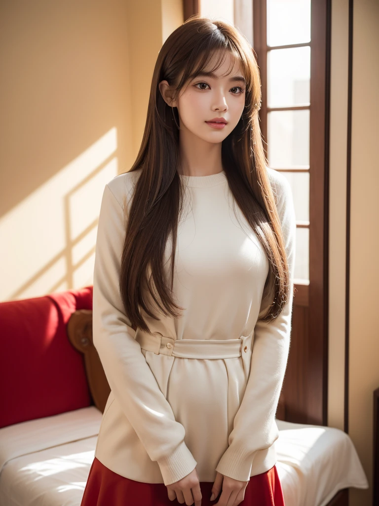 1girl, alone, solitary, high quality, (best quality,4k,8k,highres,masterpiece:1.2),ultra-detailed,(realistic,photorealistic,photo-realistic:1.37),gorgeous hair,light brown hair,long straight hair with bangs,puffy eyes,mole on the cheek,plump lips,jewelry,(high detailed skin:1.4),(light room:1.3),(rim lighting:1.3),(lit:1.3),(sunny day:1.3),indoors,portrait,smirk, waist-length hair, red or black clothes