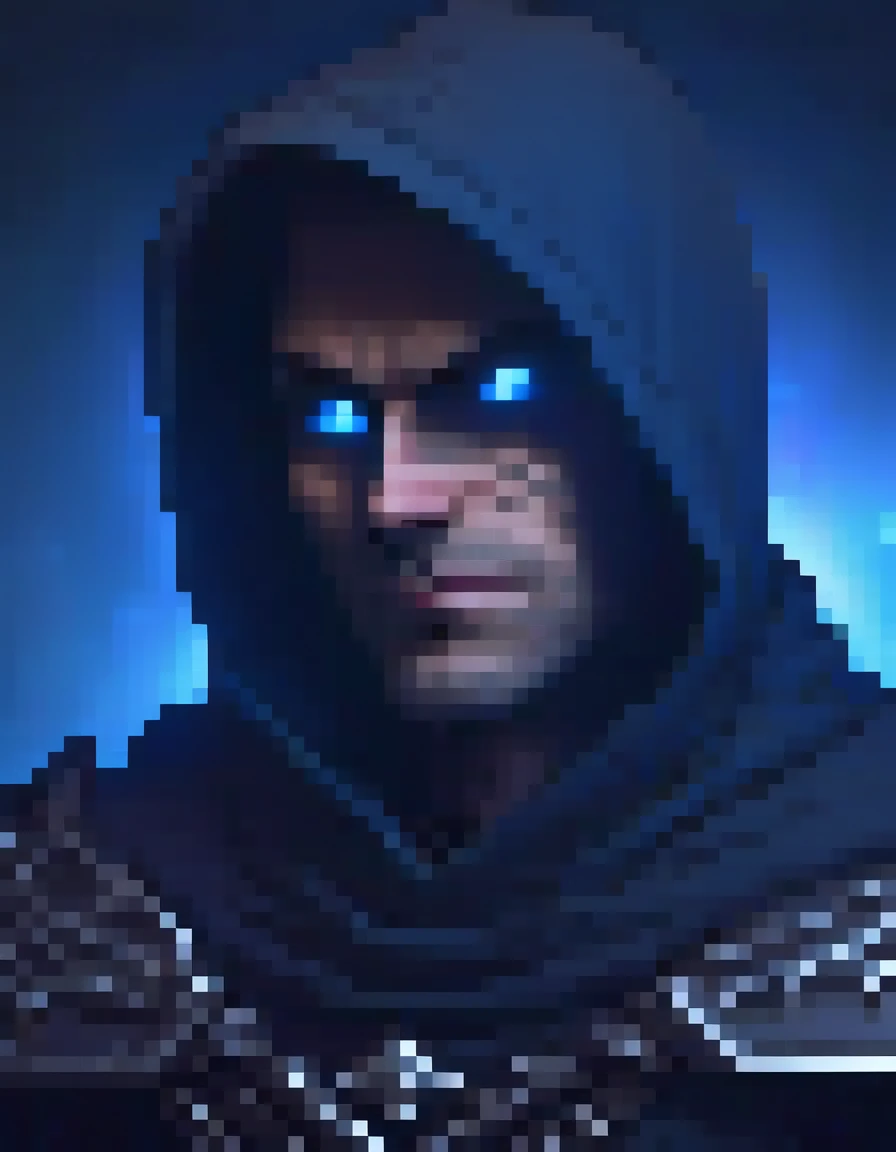 a thief character with a dark hood, glowing eyes, blue magical effects, close-up headshot, extremely detailed facial features, best quality, 4k, 8k, highres, masterpiece:1.2, ultra-detailed, realistic, photorealistic:1.37, cinematic lighting, digital art, concept art style, vivid colors
