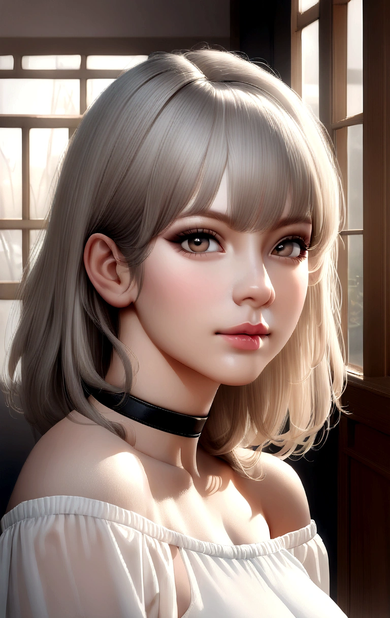 best qualityer, ultra high resolution, (photorrealistic:1.4), 1 girl, off-shoulder white shirt, black tight skirt, black choker, (faded gray hair:1), (Breasts huge:1.2), gazing at viewer, close up ,
