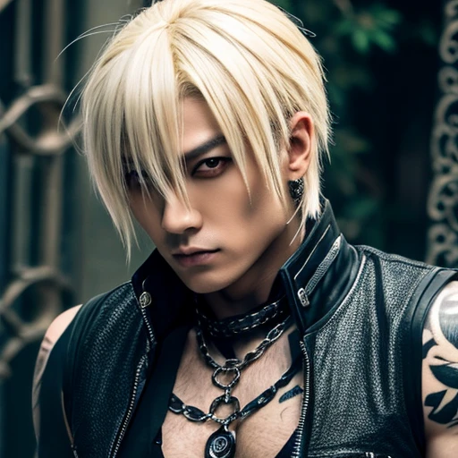 1 japanese male rocker, asien eyes, Visual Kai hairstyle, ultra detailed face and body, hyperrealistic, realistic representation, muscular, broad shoulders, tattoos gothic style, piercings, Visual Kei style, hairstyle Visual Kei, blond, 40 years old, age 40 outfit gothic streampunk, men's shirt and black pants, Asian eyes, eyes Asian, long hair, long hair